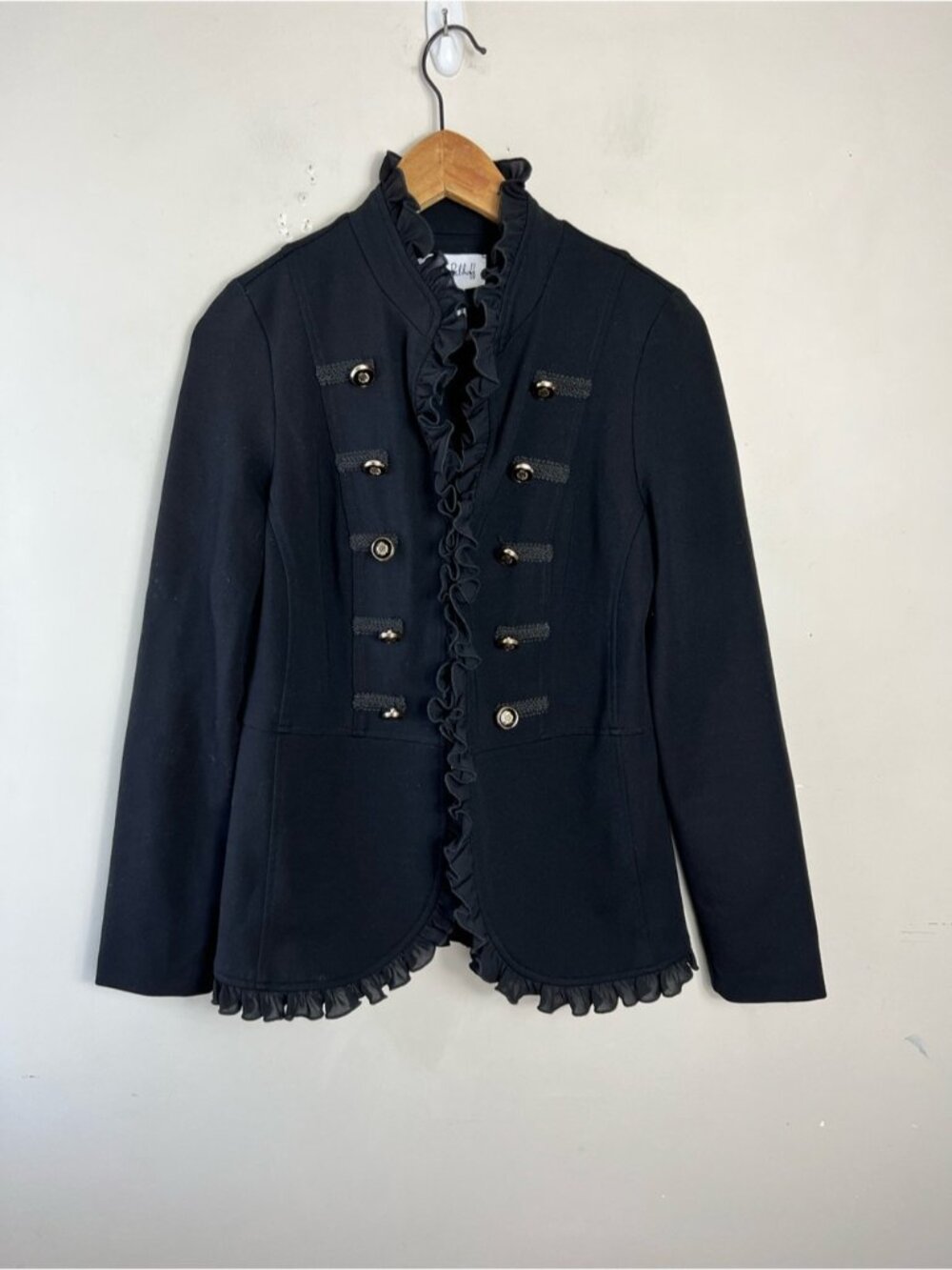 Joseph Ribkoff Black Ruffle Military-Button Bellboy Jacket Size 8 Black Ruffle - Picture 3 of 11